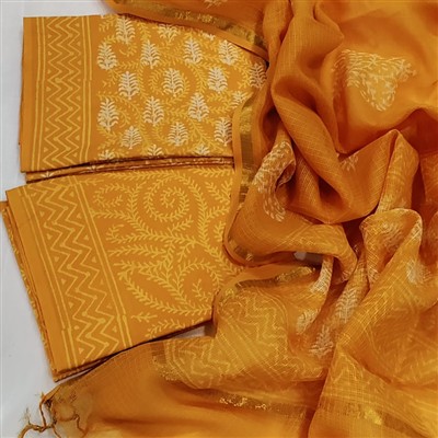 Hand Block Printed Mustard Yellow Cotton Suit with Kota Doria Dupatta