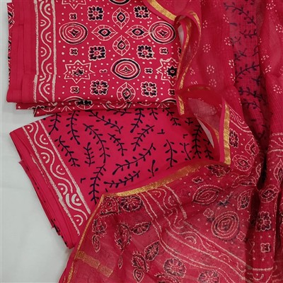 Handcrafted Red Cotton Salwar Kameez Dress Material Set with Kota Doria Dupatta