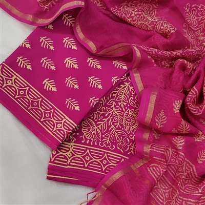 Hand Block Printed Magenta Cotton Suit with Golden Floral Motifs