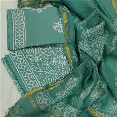 Teal Green Hand Block Printed Cotton Suit with Kota Doria Dupatta