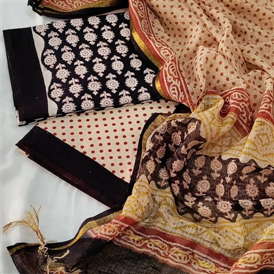 Hand Block Printed Cotton Ethnic Dress Material with Kota Doria Dupatta