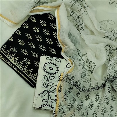 Hand Block Printed Cotton Salwar Kameez Set with Kota Doria Dupatta