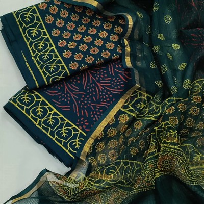 Handcrafted Floral Block Print Cotton Suit with Sheer Dupatta