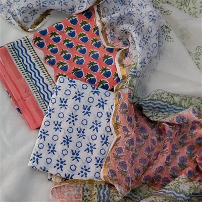 Handcrafted Floral Block Printed Cotton Suit Set with Kota Doria Dupatta