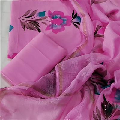 Pink Floral Hand Block Printed Cotton Suit with Kota Doria Dupatta