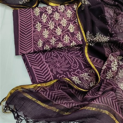 Handcrafted Purple Cotton Suit with Kota Doria Dupatta