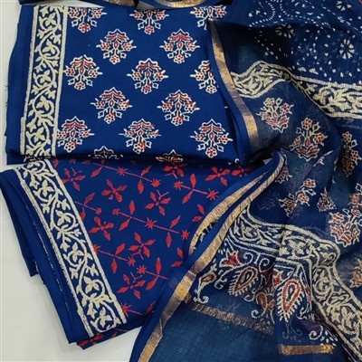 Royal Blue Hand Block Printed Cotton Suit with Kota Doria Dupatta