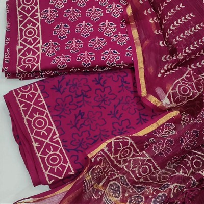 Handcrafted Magenta Ethnic Cotton Suit with Kota Doria Dupatta