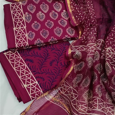 Handcrafted Maroon Cotton Suit with Kota Doria Dupatta Set