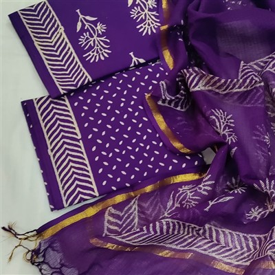 Hand Block Printed Purple Cotton Suit with Kota Doria Dupatta