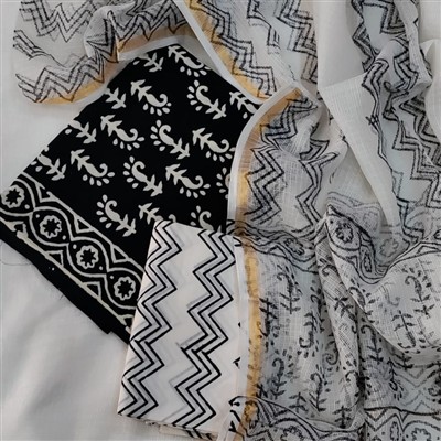 Handcrafted Monochrome Cotton Suit with Golden Accents and Kota Doria Dupatta