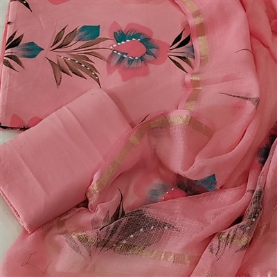 Pink Floral Hand Block Printed Cotton Dress Material Set with Golden Border Dupatta