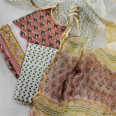 Handcrafted Floral Cotton Suit with Kota Doria Dupatta
