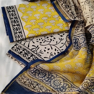 Hand Block Printed Cotton Suit with Kota Doria Dupatta Set