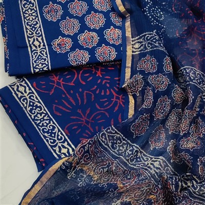 Handcrafted Blue Floral Cotton Suit with Kota Doria Dupatta