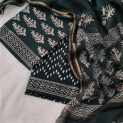 Hand Block Printed Cotton Ethnic Suit with Kota Doria Dupatta