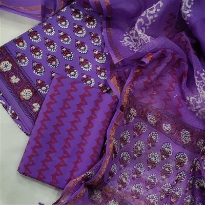 Hand Block Printed Purple Cotton Ethnic Wear Set with Kota Doria Dupatta