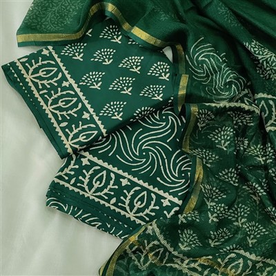 Hand Block Printed Cotton Ethnic Dress Material with Kota Doria Dupatta
