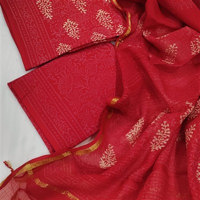 Hand Block Printed Red Cotton Ethnic Dress Material Set with Golden Accents