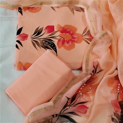 Peach Floral Hand Block Printed Cotton Suit with Kota Doria Dupatta