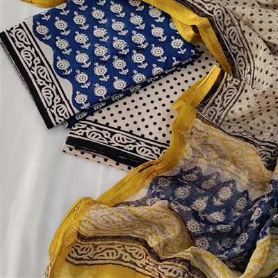 Handcrafted Floral and Polka Dot Cotton Suit with Kota Doria Dupatta