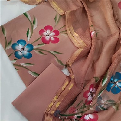 Handcrafted Floral Cotton Suit with Kota Doria Dupatta