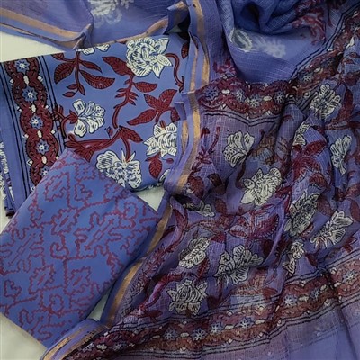 Blue Floral Hand Block Printed Cotton Suit with Kota Doria Dupatta