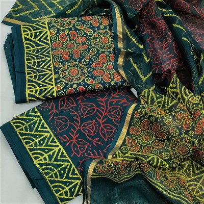 Hand Block Printed Cotton Ethnic Suit with Kota Doria Dupatta