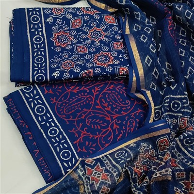 Navy Blue Hand Block Printed Cotton Ethnic Suit with Kota Doria Dupatta