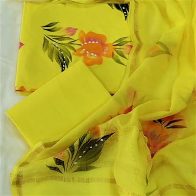 Hand Block Printed Yellow Floral Cotton Suit with Kota Doria Dupatta