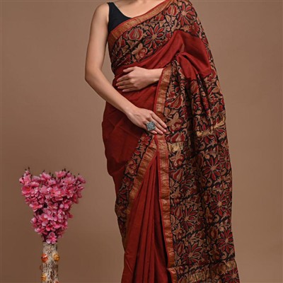 Handcrafted Maroon Silk Saree with Gold and Black Floral Details
