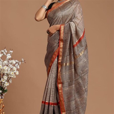 Hand Block Printed Rust-Red and Black Geometric Silk Saree