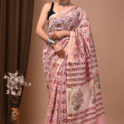 Hand Block Printed Maheshwari Silk Saree in Light Pink Floral Design