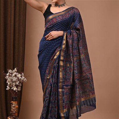 Hand Block Printed Navy Blue Maheshwari Silk Saree with Gold Accents