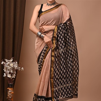 Handcrafted Maheshwari Silk Saree with Block Print Design