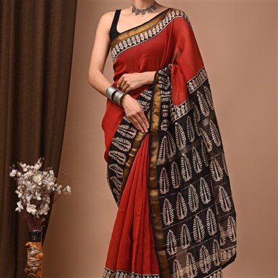 Hand Block Printed Red Maheshwari Silk Saree with Black and Gold Accents