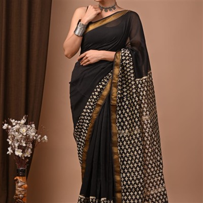 Hand Block Printed Maheshwari Silk Saree with Golden Border