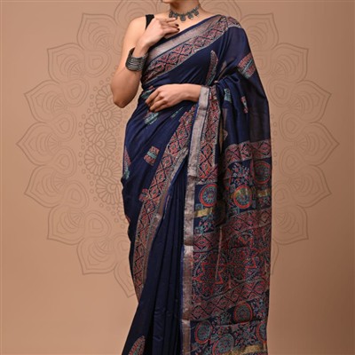 Handcrafted Maheshwari Silk Saree with Traditional Block Print Design