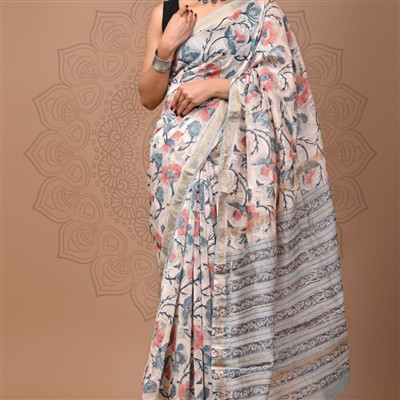 Hand Block Printed Floral Maheshwari Silk Saree