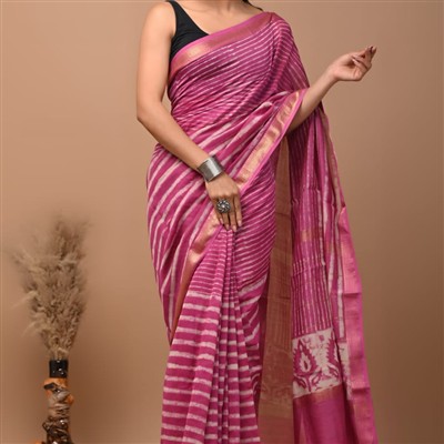 Hand Block Printed Pink and White Striped Maheshwari Silk Saree with Golden Border