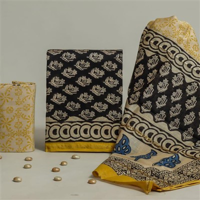 Chanderi Silk Hand Block Printed Dress Material Set with Dupatta