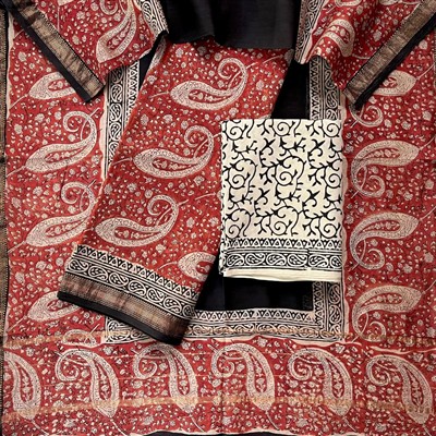 Bagru Print Maheshwari Silk Ethnic Suit Fabric Set