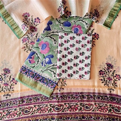 Bagru Print Maheshwari Silk Unstitched Suit Fabric Set