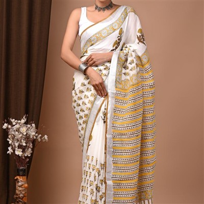 Mustard Blossom Hand Block Linen Saree