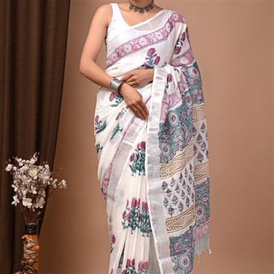 Floral Pink Geometric Linen Saree Set