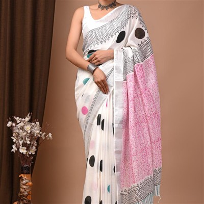 Handcrafted Teal Polka Dot Linen Saree with Pink Pallu