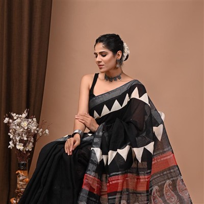 Hand Block Printed Linen Saree with Red Paisley Motifs