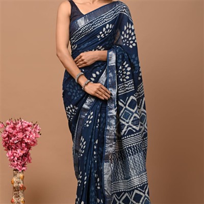 Hand Block Printed Silver Waves Linen Saree with Floral Pallu