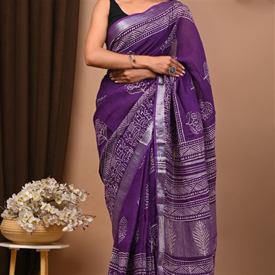Silver Floral Hand Block Printed Linen Saree