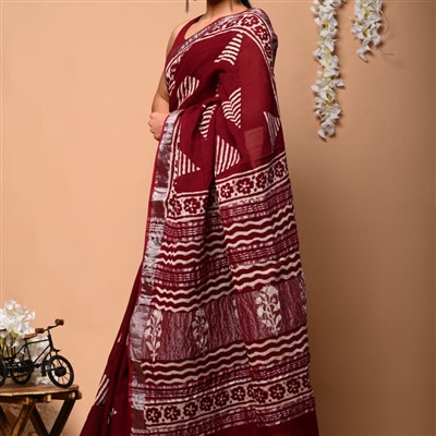 Floral Maroon Cotton Saree with Wavy Pallu